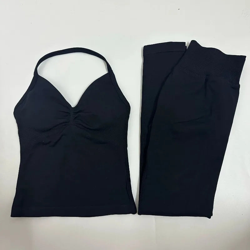 2-Piece Yoga Set Ladies Gym Training Leggings and Neck Tank Yoga Fitness Seamless Set Pilates Clothes Workout Sportswear