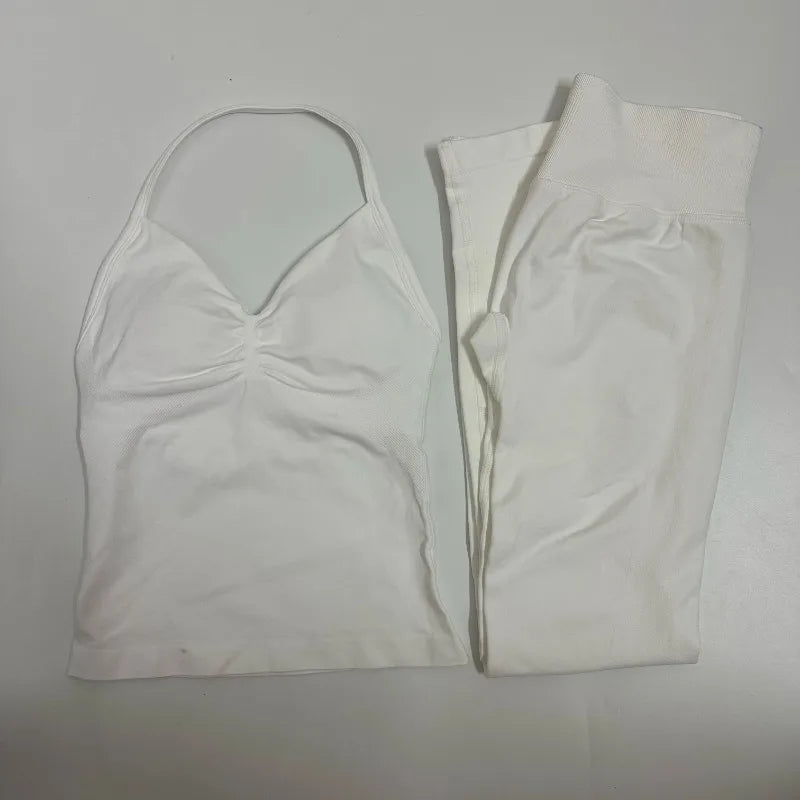 2-Piece Yoga Set Ladies Gym Training Leggings and Neck Tank Yoga Fitness Seamless Set Pilates Clothes Workout Sportswear