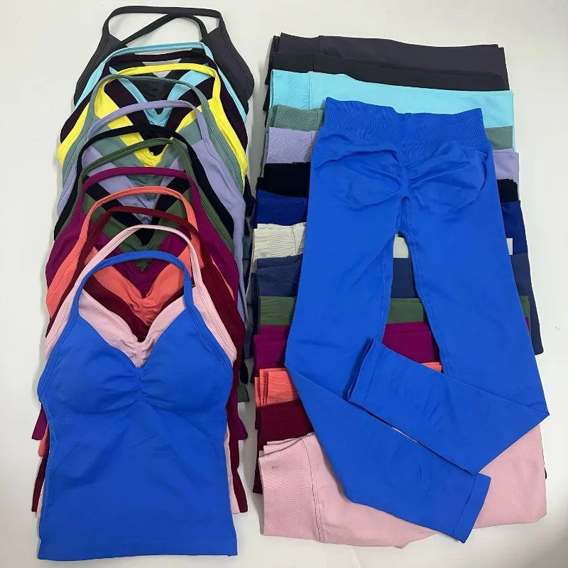 2-Piece Yoga Set Ladies Gym Training Leggings and Neck Tank Yoga Fitness Seamless Set Pilates Clothes Workout Sportswear