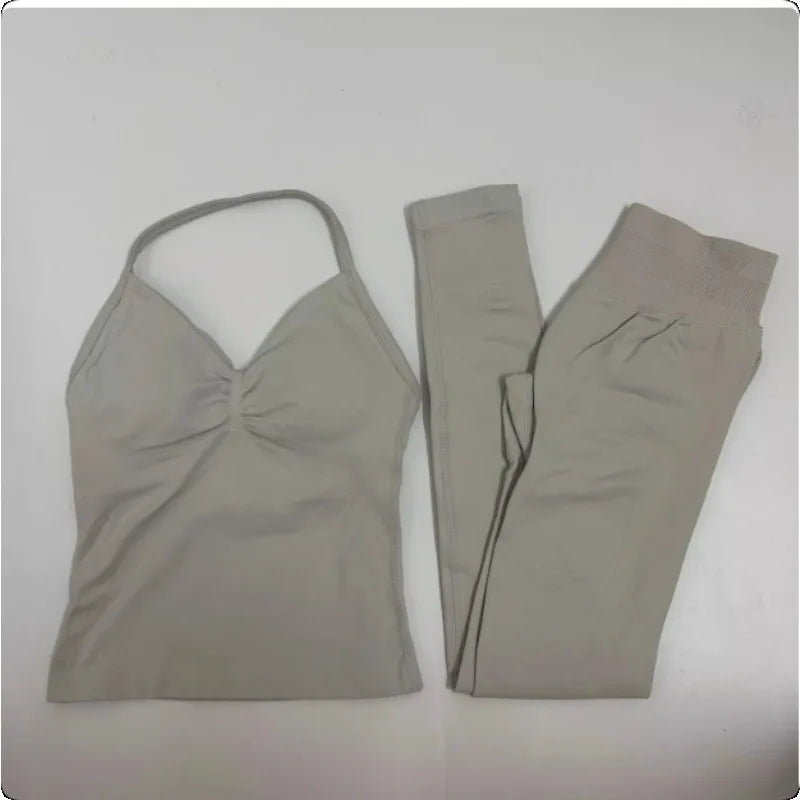 2-Piece Yoga Set Ladies Gym Training Leggings and Neck Tank Yoga Fitness Seamless Set Pilates Clothes Workout Sportswear